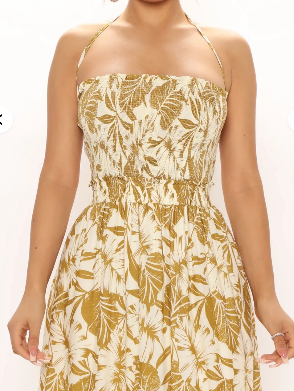 Strapless Floral Halter Sundress in Gold and Cream
